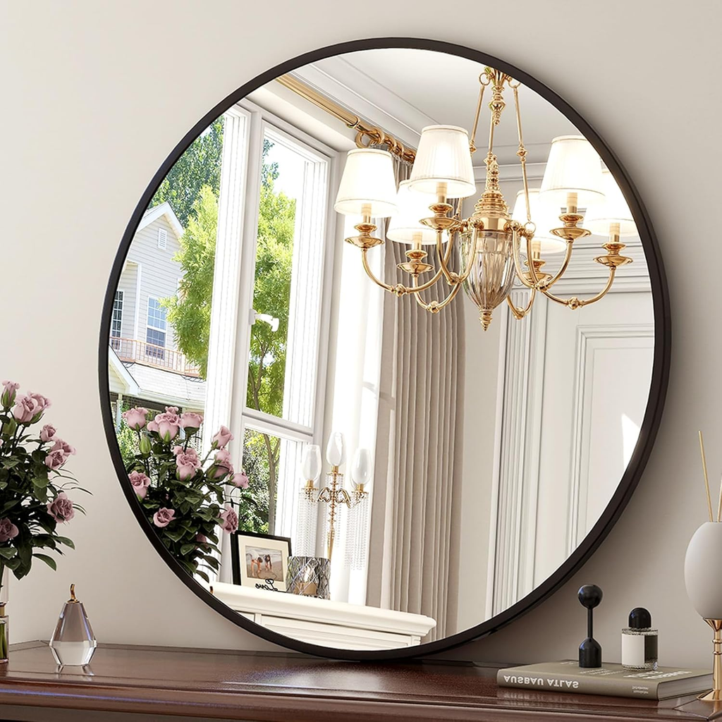 Round Wall Mirror 24 Inch — Matte Black Circle Decorative Mirror