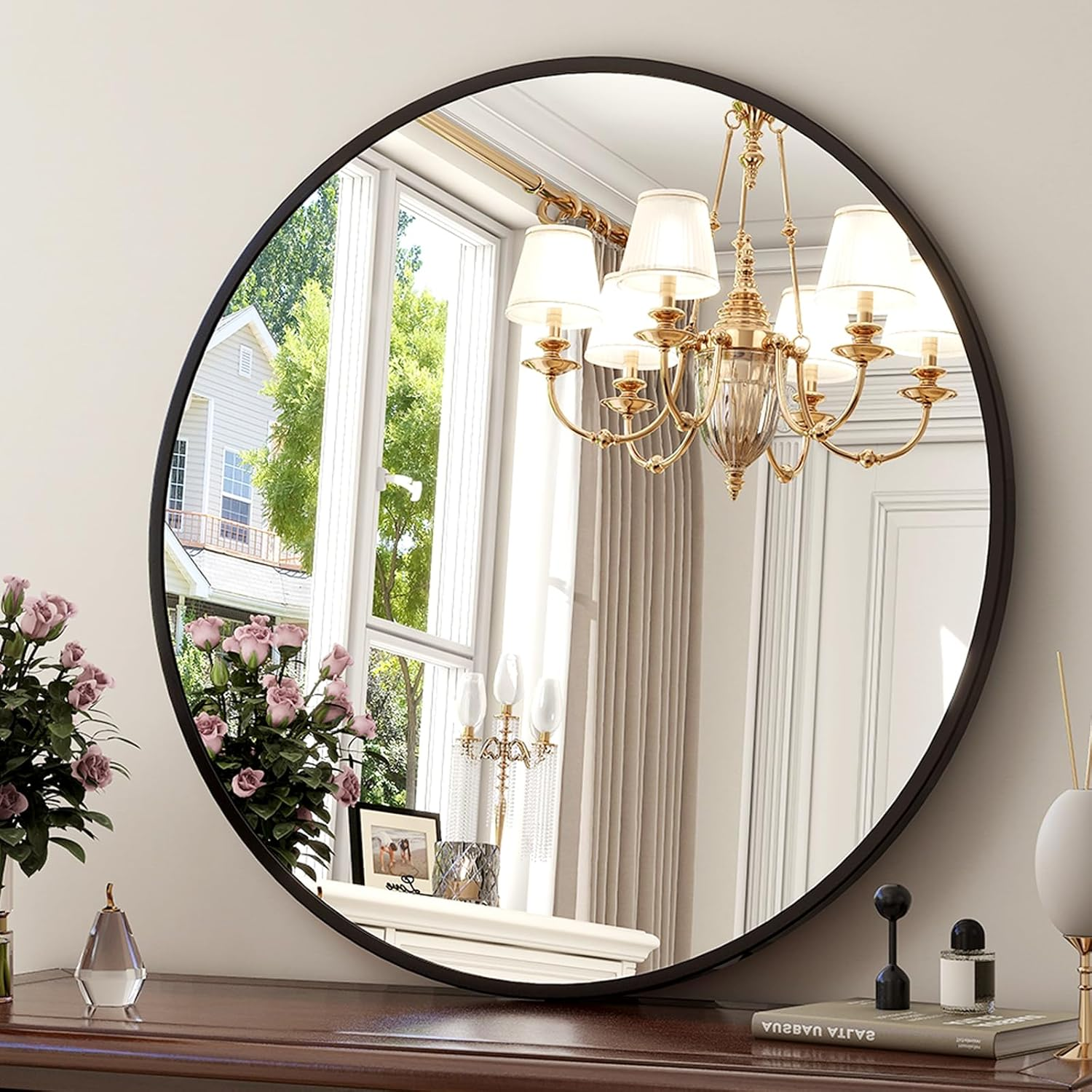 Round Wall Mirror 24 Inch — Matte Black Circle Decorative Mirror