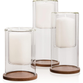 Glass Hurricane Candle Holders Set of 3 with Wood Coasters