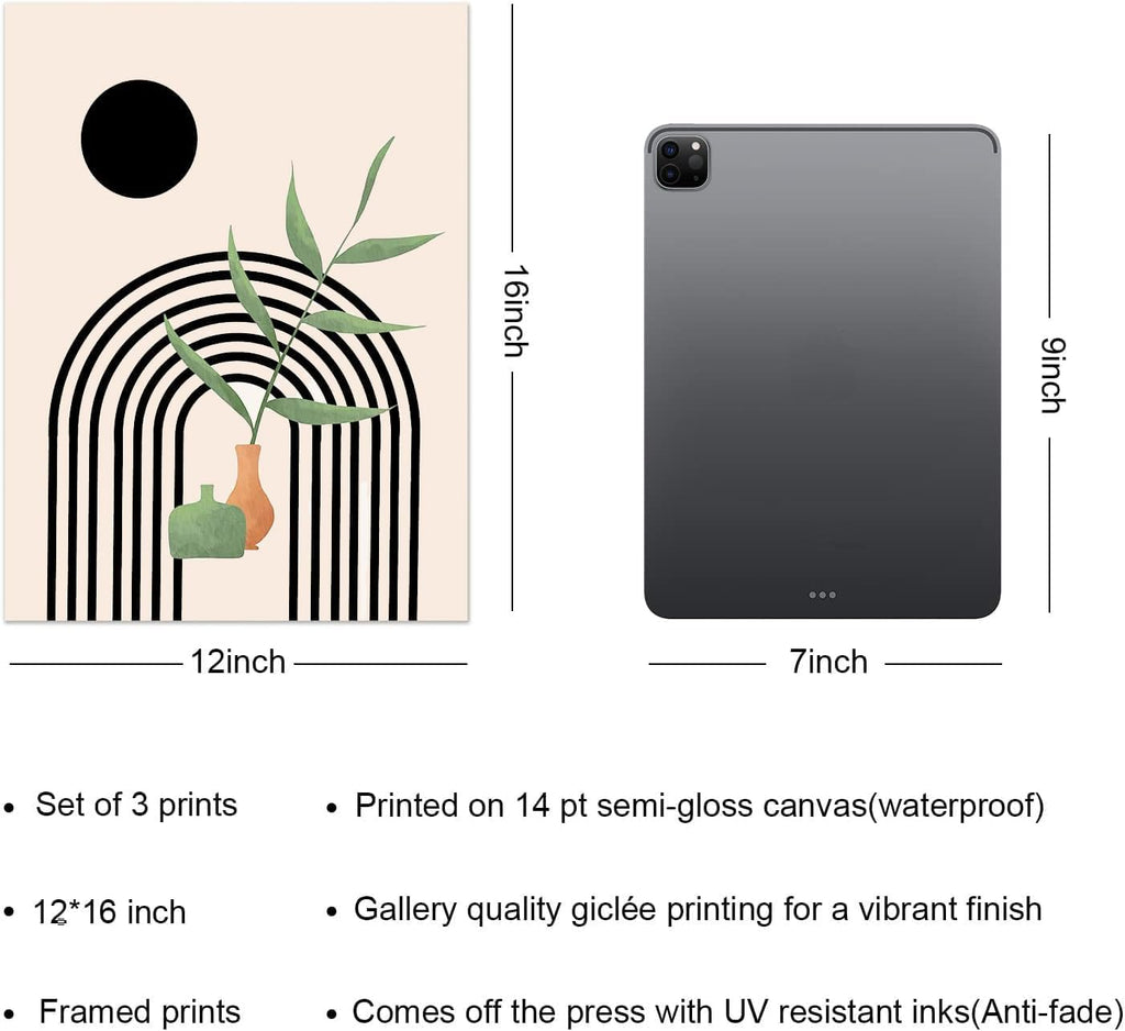 Boho Wall Art Canvas Set of 3 — Mid Century Abstract 12x16 Framed - Image 3