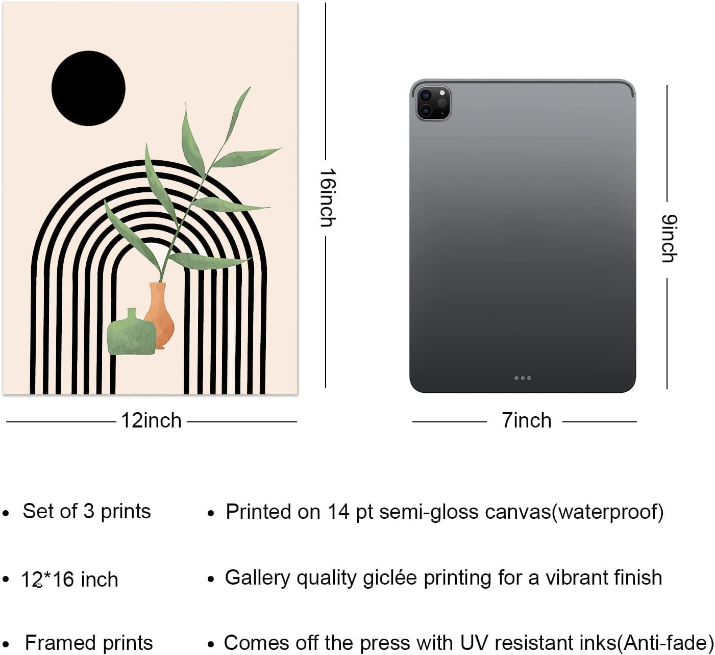 Boho Wall Art Canvas Set of 3 — Mid Century Abstract 12x16 Framed - Image 3