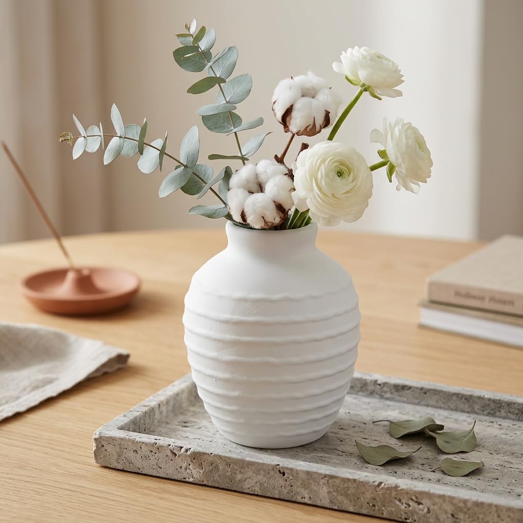 Ceramic Flower Vase 7 Inch — White Minimalist Farmhouse Pottery - Image 2