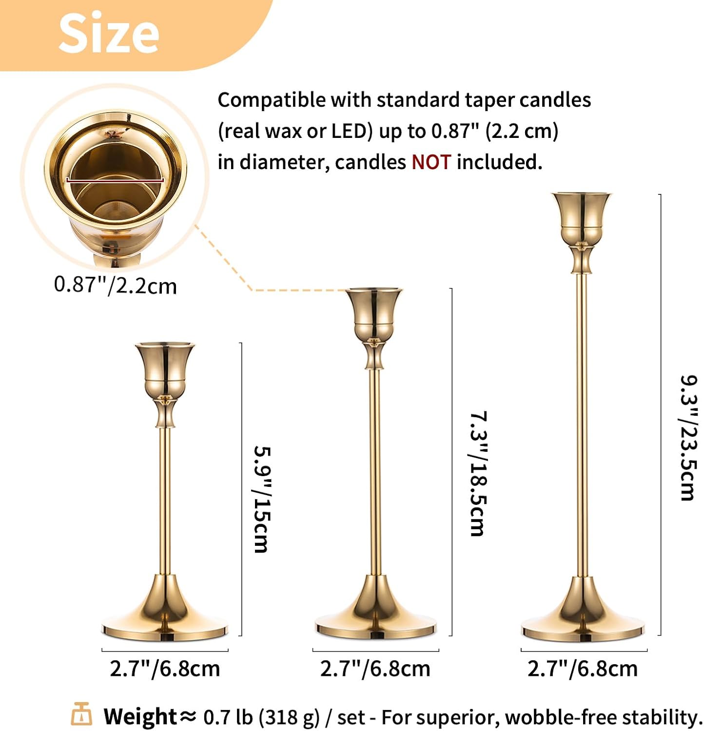 Brass Gold Candlestick Holders Set of 3 — Vintage Taper Holders - Image 3