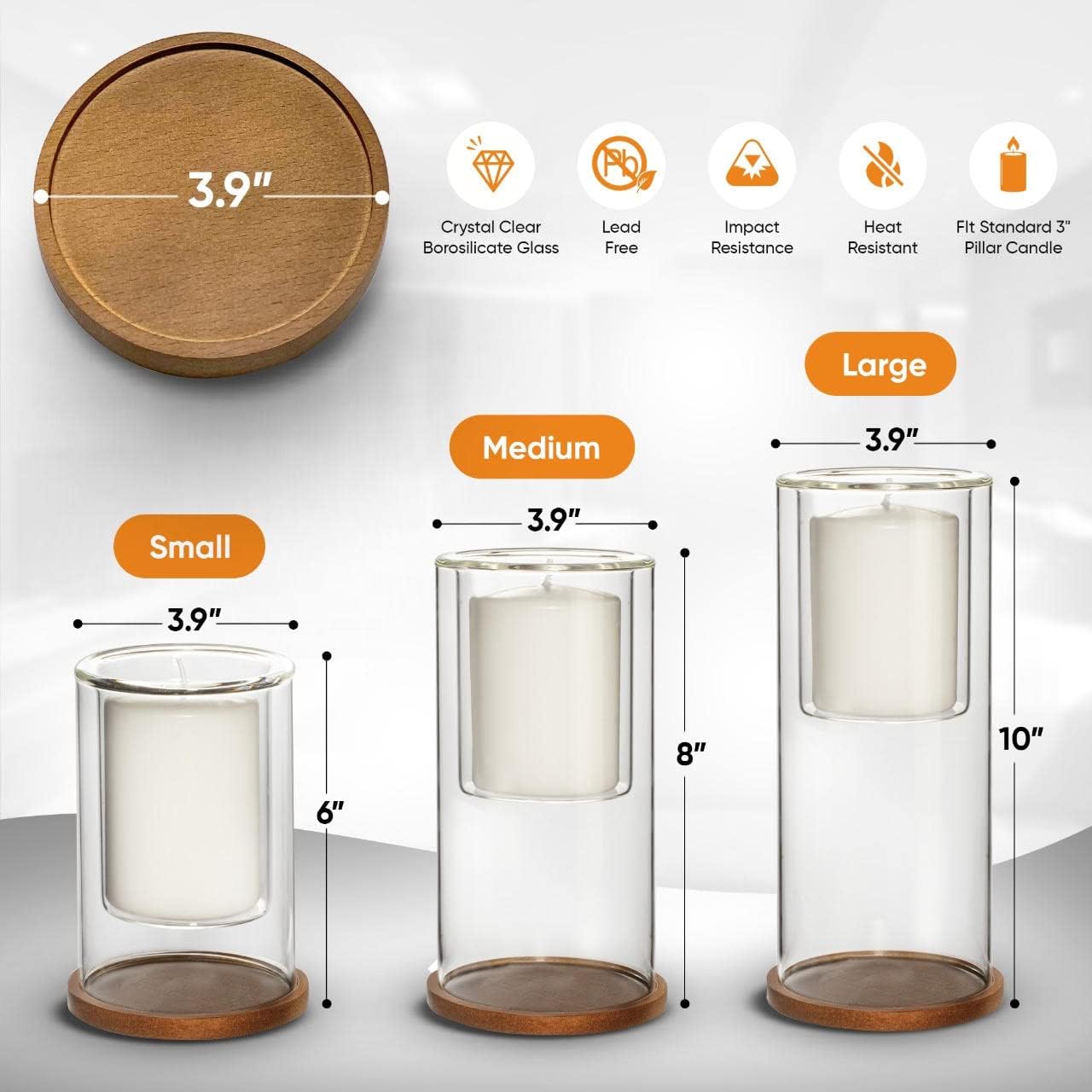 Glass Hurricane Candle Holders Set of 3 with Wood Coasters - Image 2