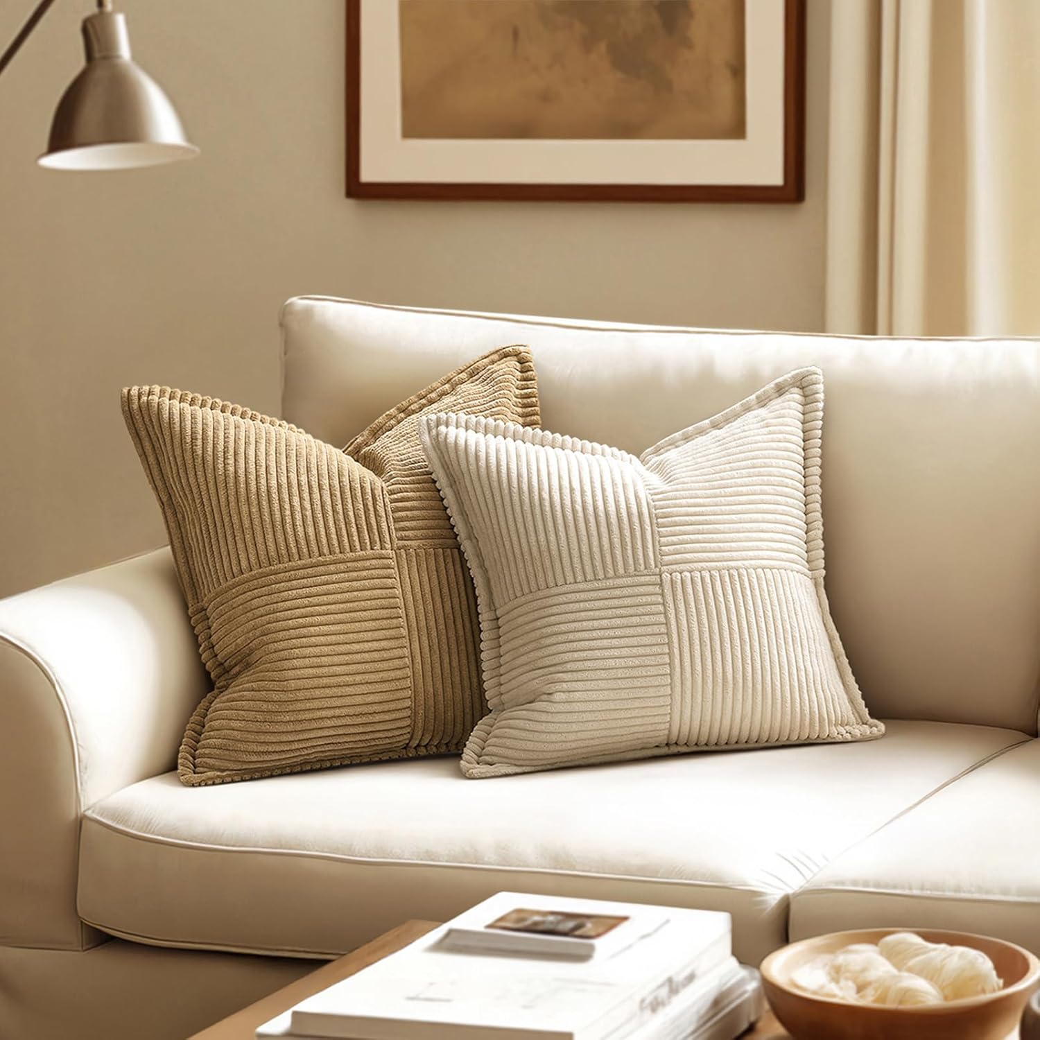 Decorative Pillow Covers 18x18 Set of 2 — Beige Patchwork Corduroy - Image 2