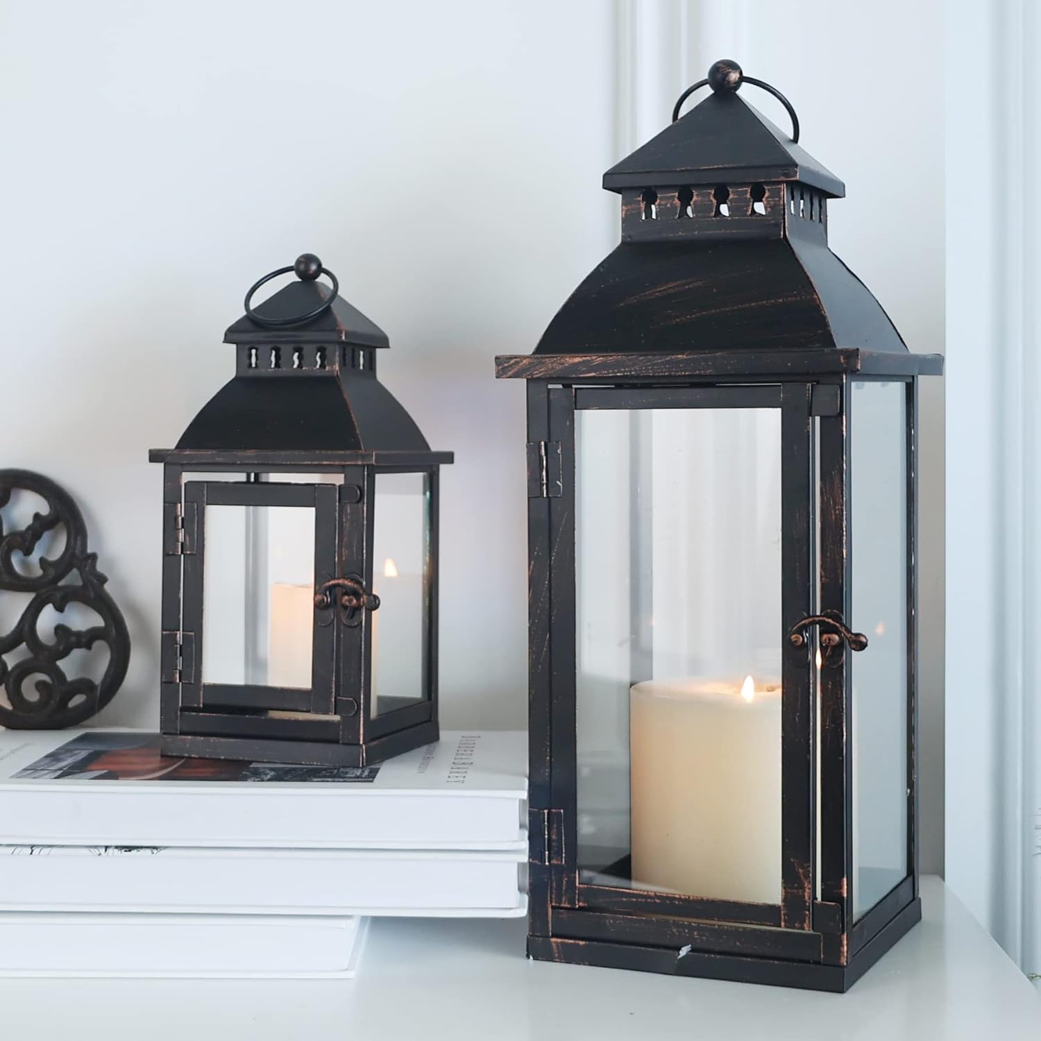 Decorative Lanterns Set of 2 — Bronze Metal with Glass Panels - Image 5