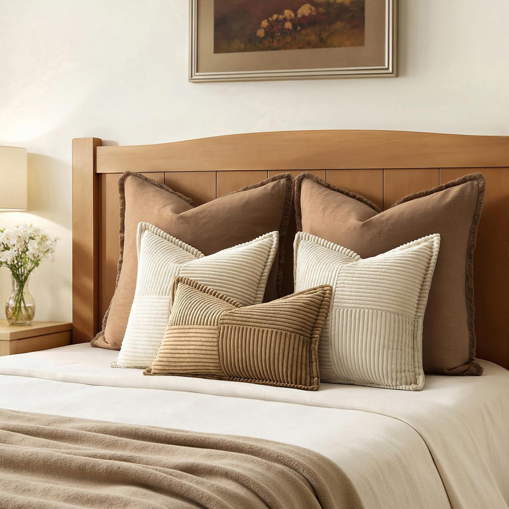 Decorative Pillow Covers 18x18 Set of 2 — Beige Patchwork Corduroy - Image 6