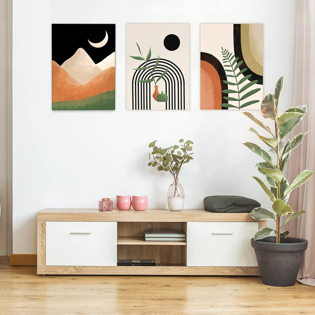 Boho Wall Art Canvas Set of 3 — Mid Century Abstract 12x16 Framed - Image 2