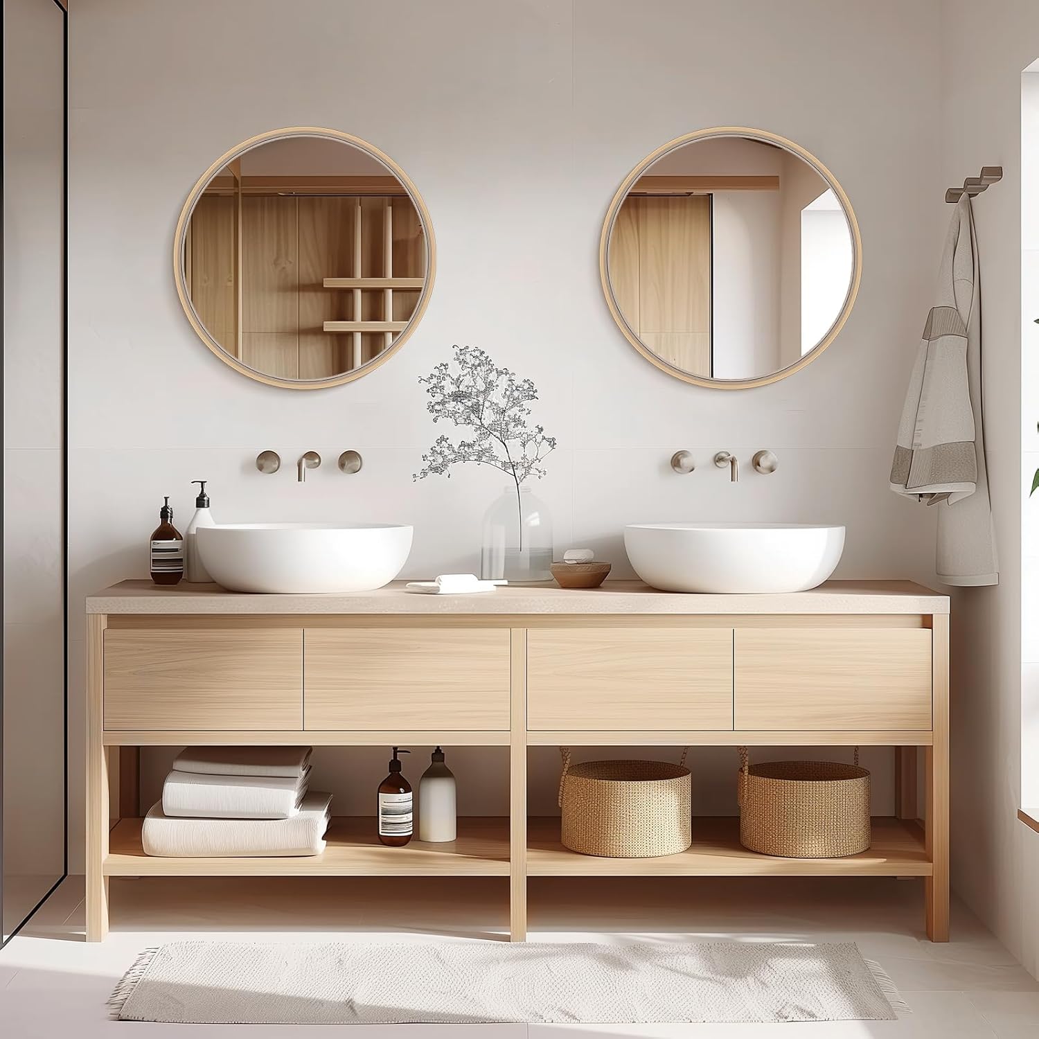 Round Wood Mirror 24 Inch — Natural Circle Wall Mirror - Image 3