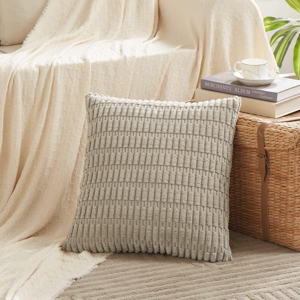 Neutral Throw Pillow Covers 18x18 Pack of 4 — Striped Corduroy - Image 2