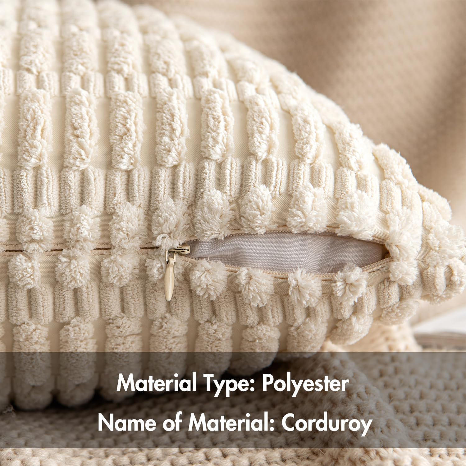 Corduroy Throw Pillow Covers 18x18 Pack of 2 — Cream White Boho - Image 5