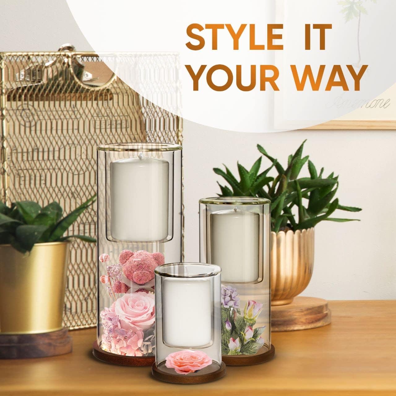 Glass Hurricane Candle Holders Set of 3 with Wood Coasters - Image 3