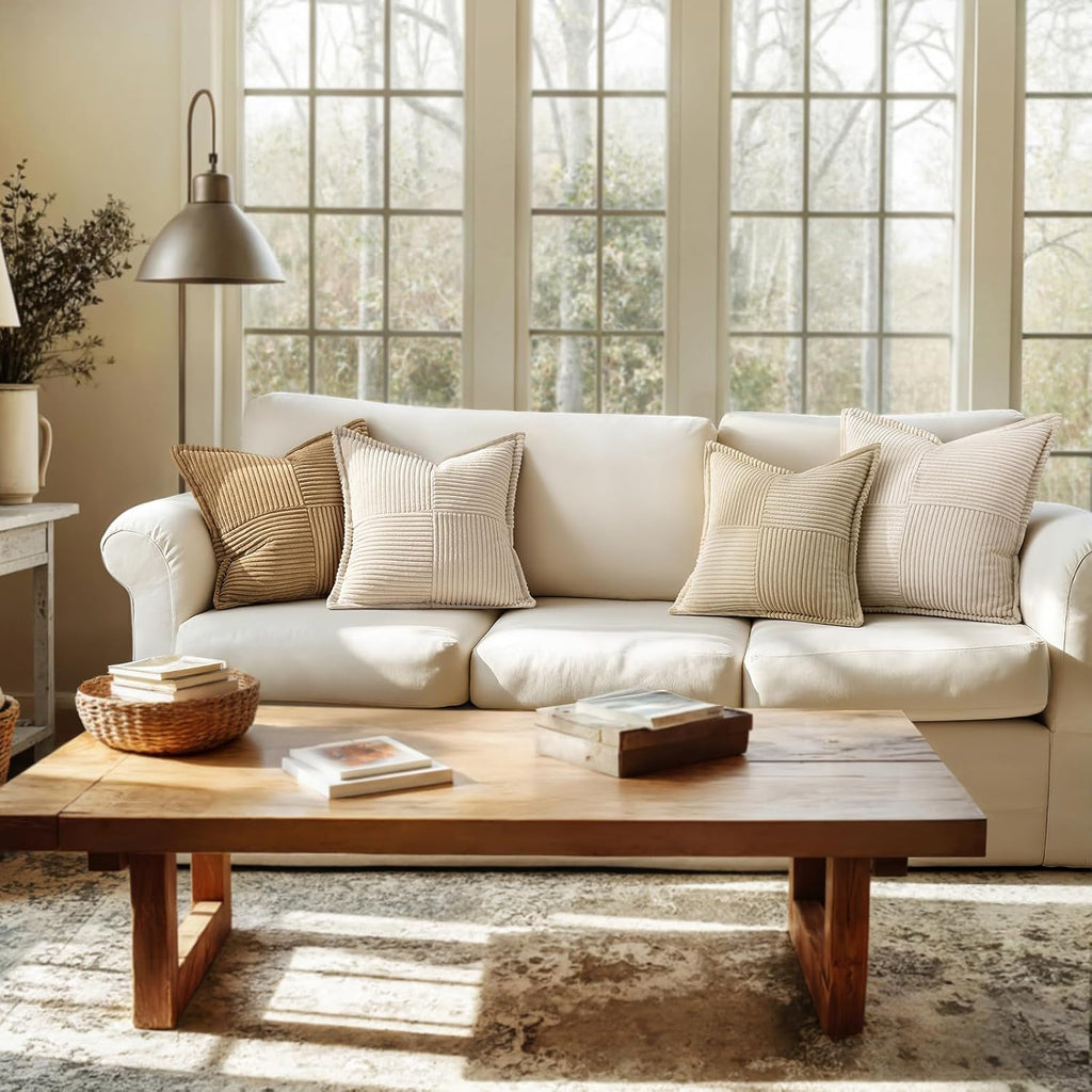 Decorative Pillow Covers 18x18 Set of 2 — Beige Patchwork Corduroy - Image 3