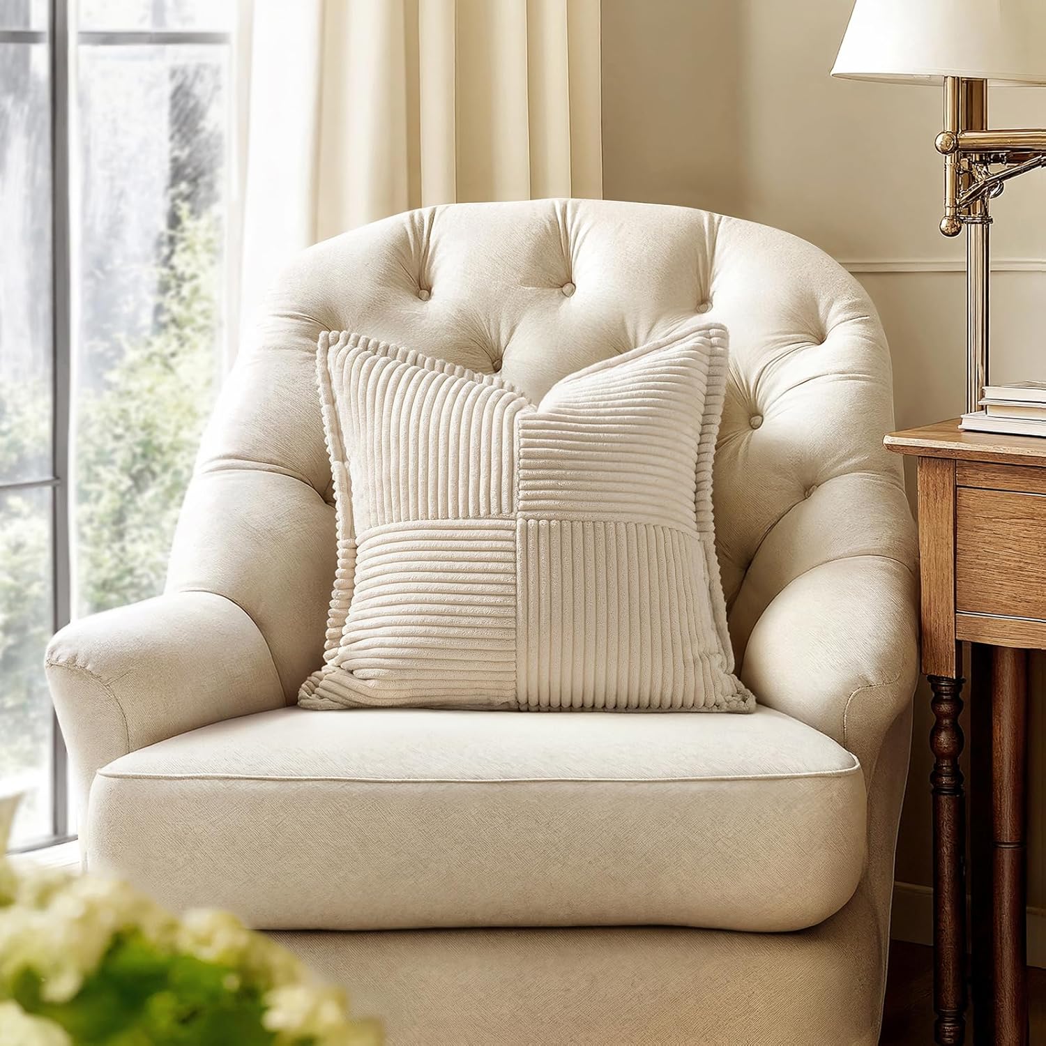 Decorative Pillow Covers 18x18 Set of 2 — Beige Patchwork Corduroy - Image 4