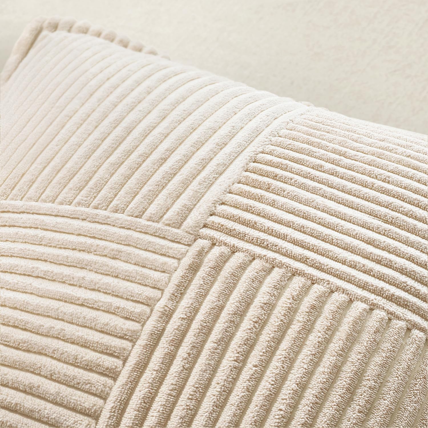 Decorative Pillow Covers 18x18 Set of 2 — Beige Patchwork Corduroy - Image 5