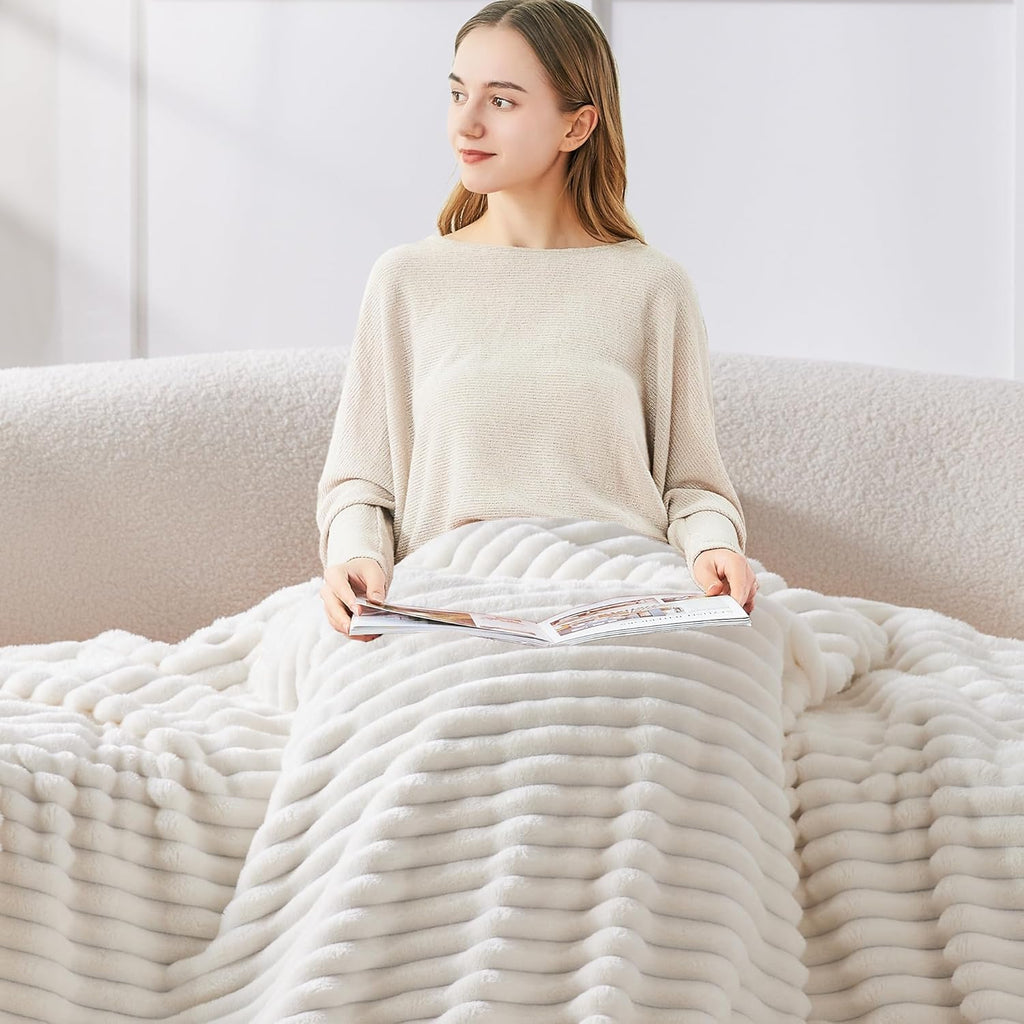 Fleece Throw Blanket 50x60 — 300GSM Cream White Striped - Image 3