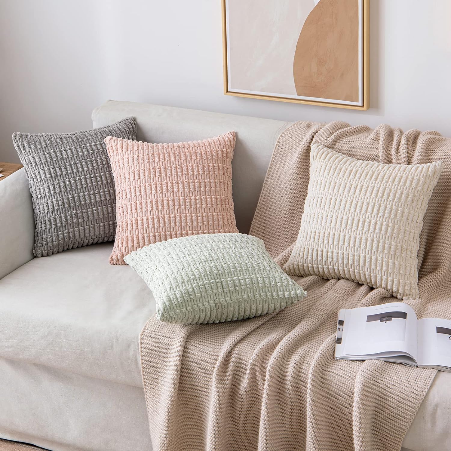 Corduroy Throw Pillow Covers 18x18 Pack of 2 — Cream White Boho - Image 2
