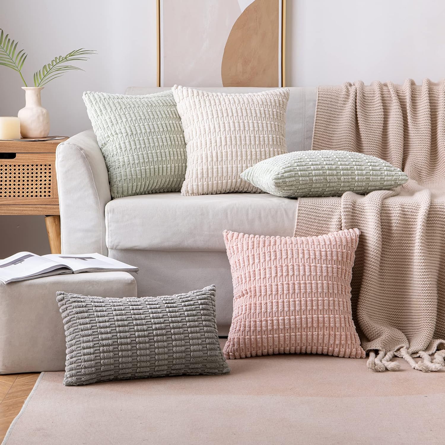 Corduroy Throw Pillow Covers 18x18 Pack of 2 — Cream White Boho - Image 3