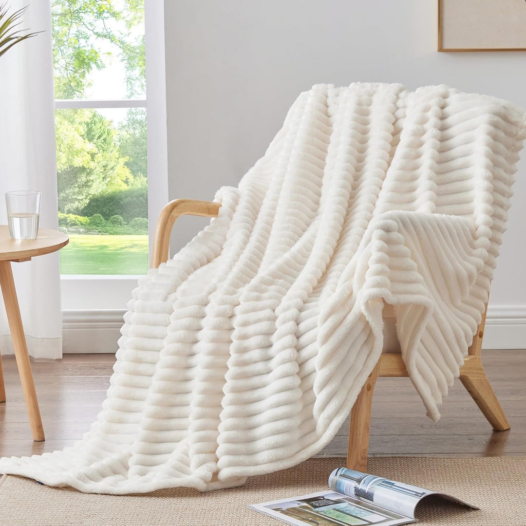 Fleece Throw Blanket 50x60 — 300GSM Cream White Striped - Image 2