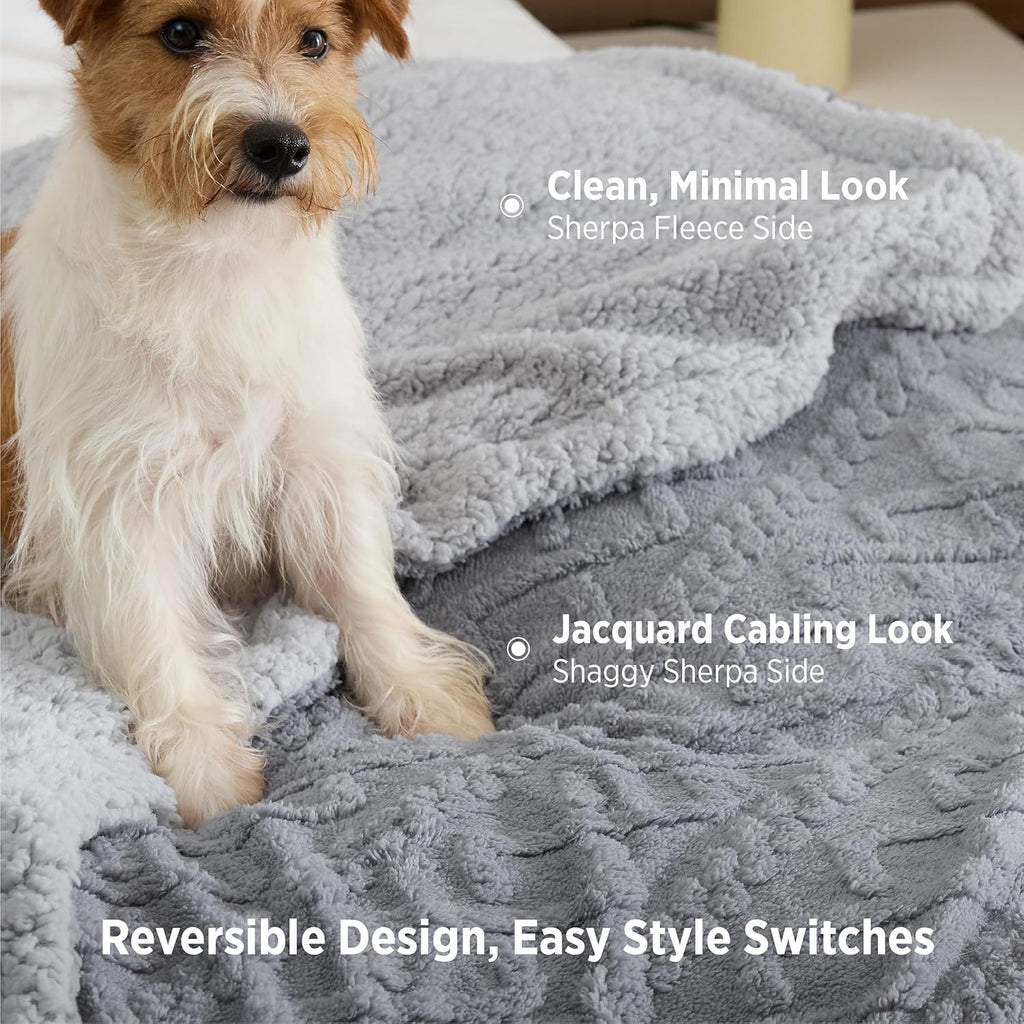Sherpa Fleece Throw Blanket 50x60 — Cable Jacquard Tufted Grey - Image 3