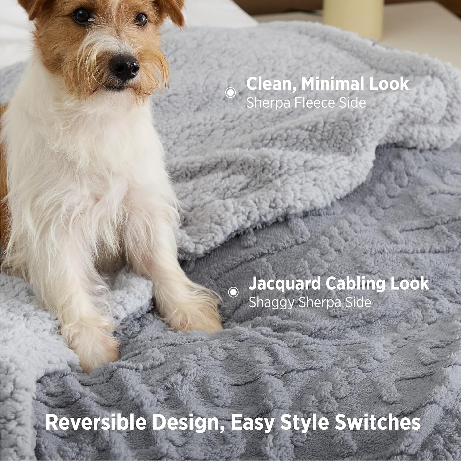 Sherpa Fleece Throw Blanket 50x60 — Cable Jacquard Tufted Grey - Image 3