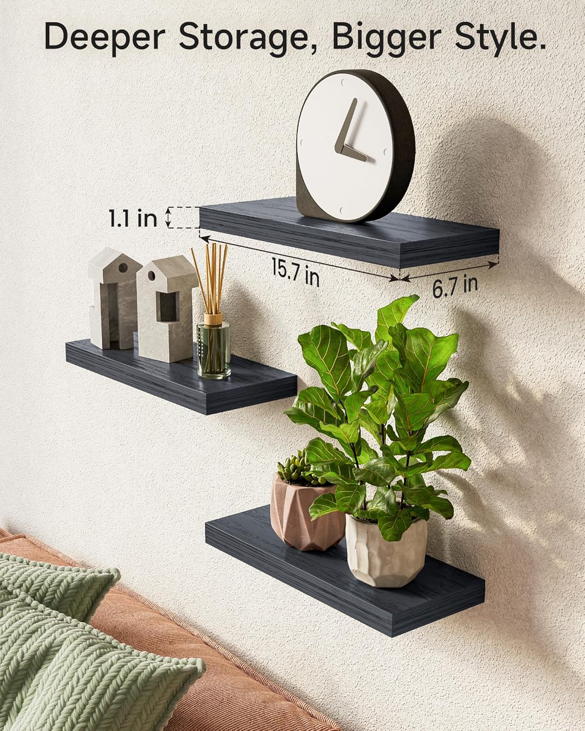 Rustic Wood Floating Shelves Set of 3 — Wall Mounted 15.7 Inch - Image 3