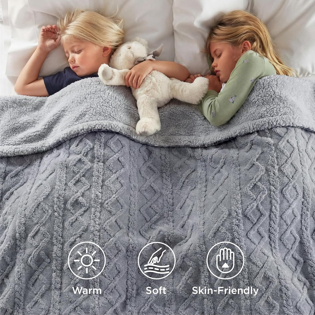 Sherpa Fleece Throw Blanket 50x60 — Cable Jacquard Tufted Grey - Image 2