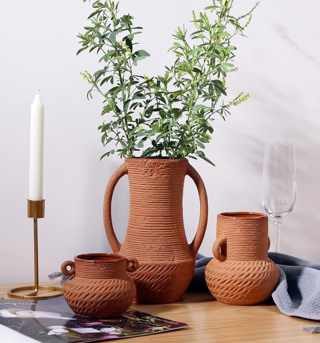 Terracotta Vases Set of 3 — Wide Mouth Rustic Ceramic Planters - Image 3