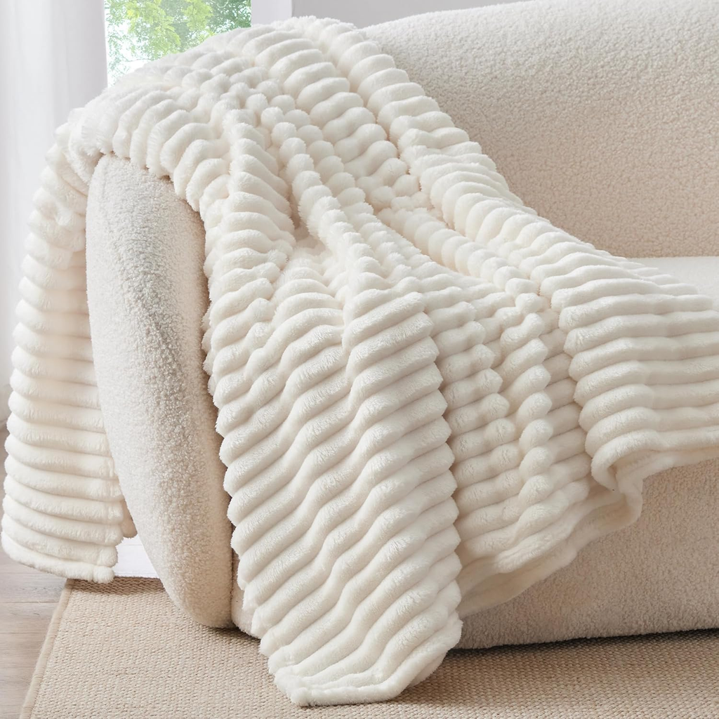 Fleece Throw Blanket 50x60 — 300GSM Cream White Striped