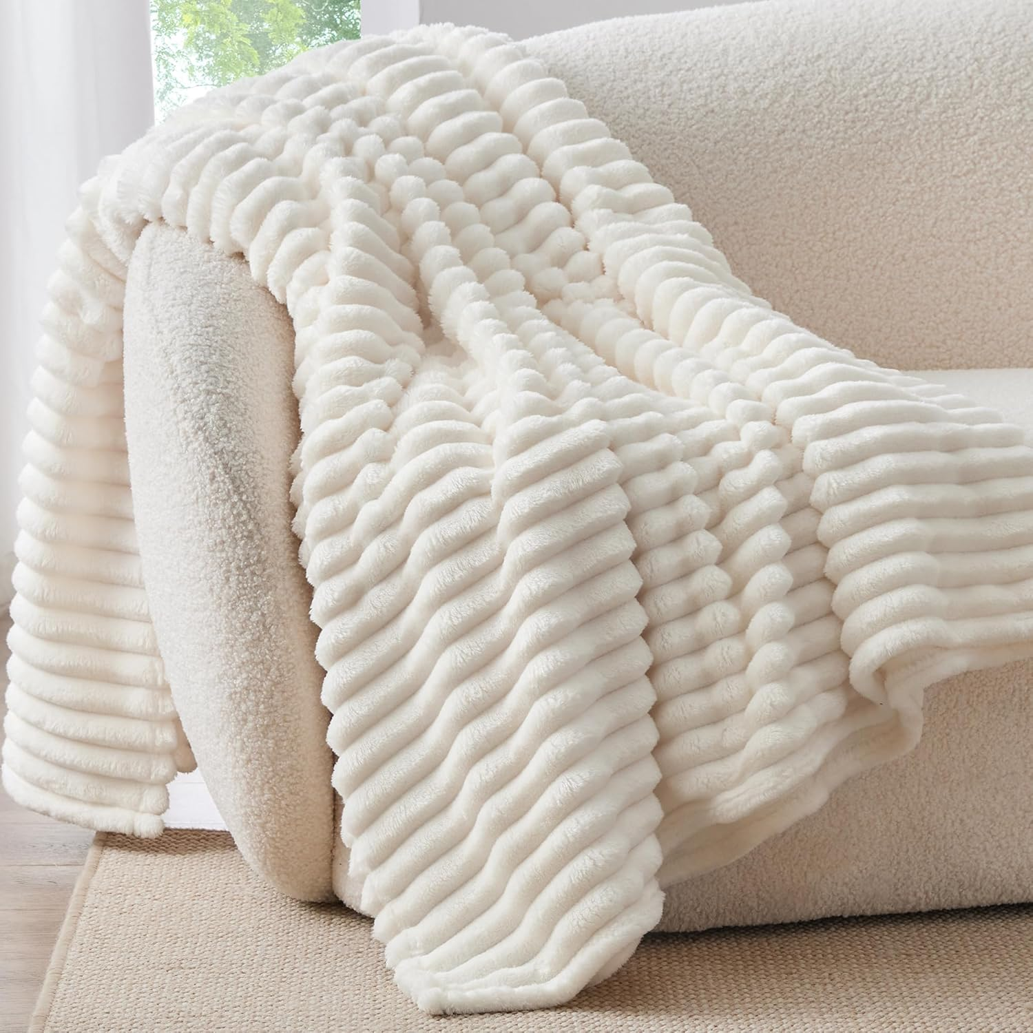 Fleece Throw Blanket 50x60 — 300GSM Cream White Striped