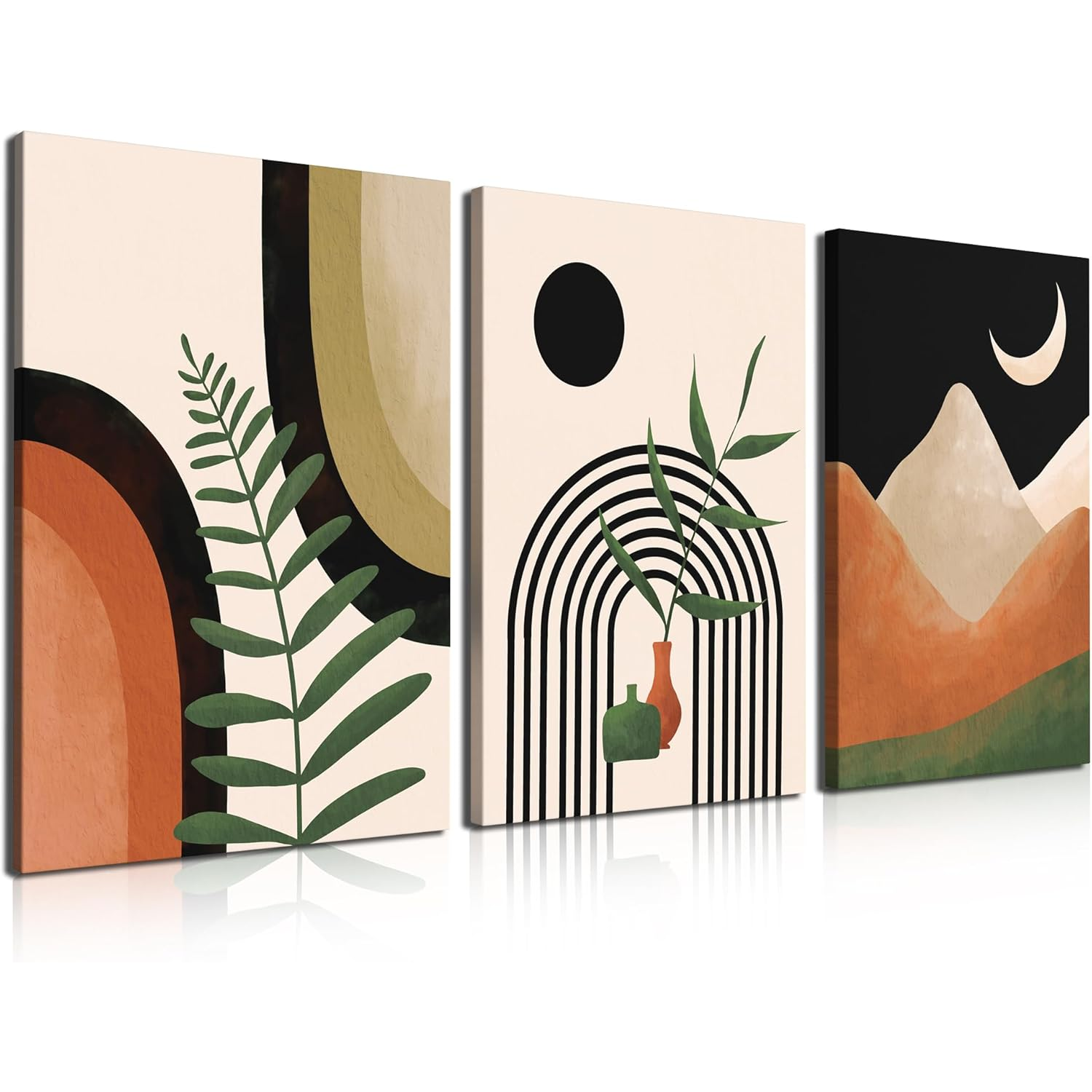 Boho Wall Art Canvas Set of 3 — Mid Century Abstract 12x16 Framed