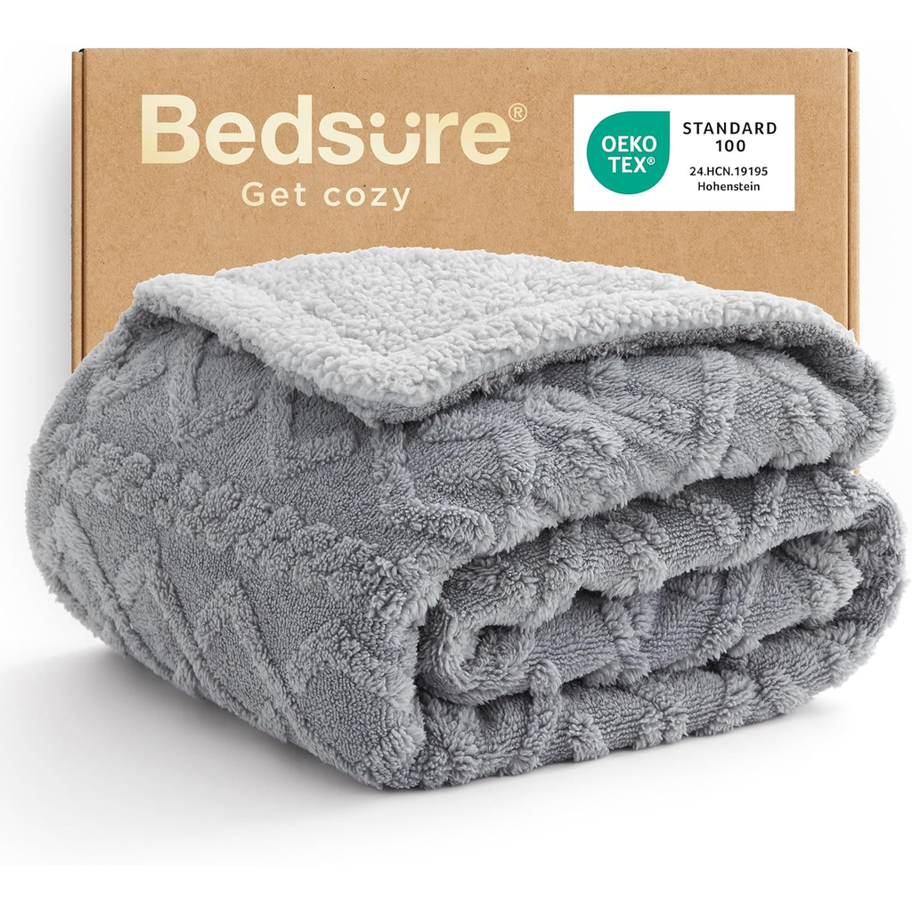 Sherpa Fleece Throw Blanket 50x60 — Cable Jacquard Tufted Grey