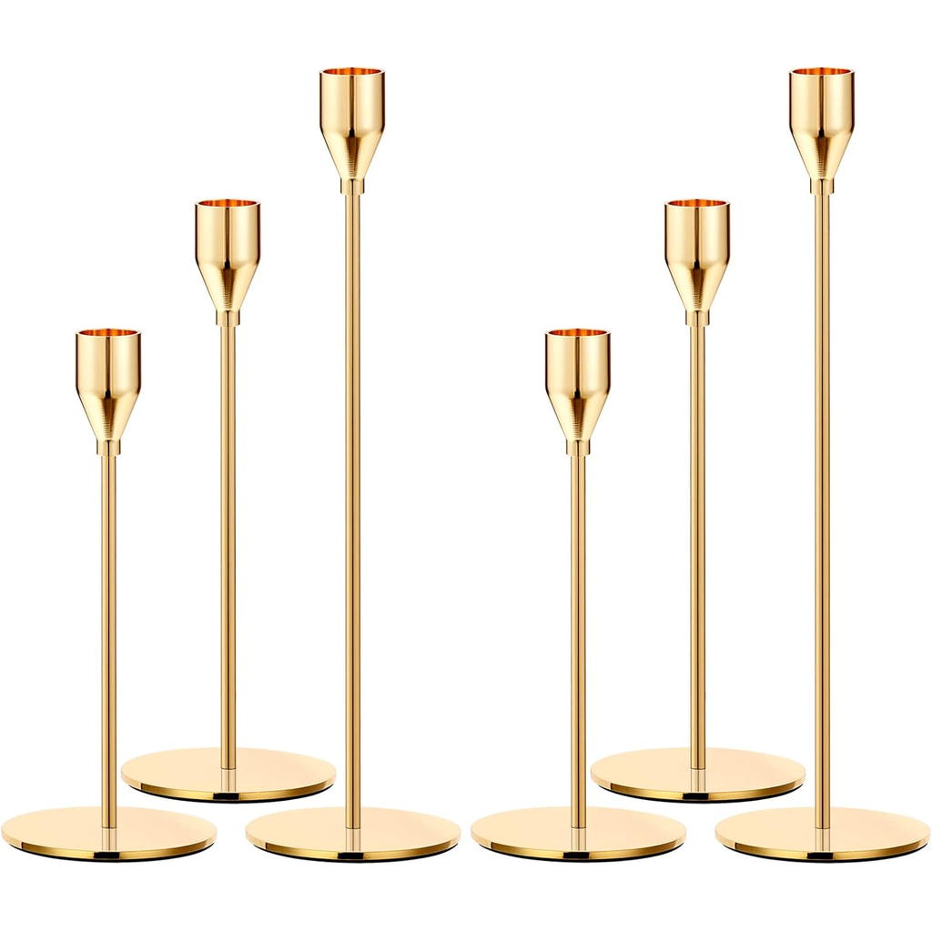 Gold Metal Taper Candle Holder Set of 6 — Three Heights