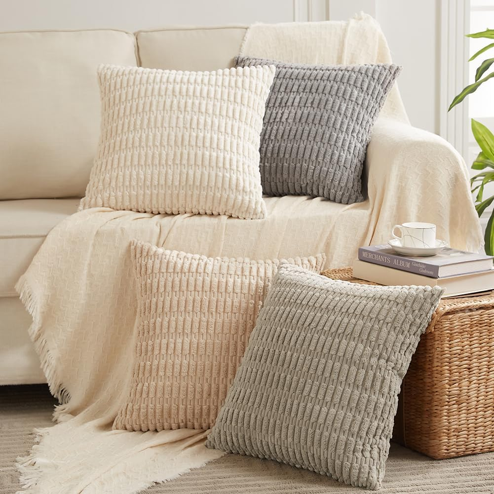 Neutral Throw Pillow Covers 18x18 Pack of 4 — Striped Corduroy