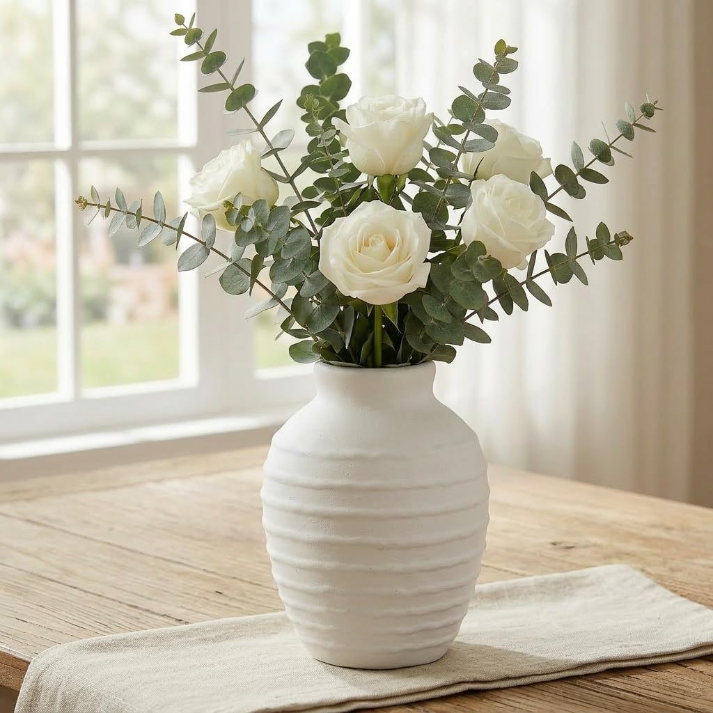 Ceramic Flower Vase 7 Inch — White Minimalist Farmhouse Pottery