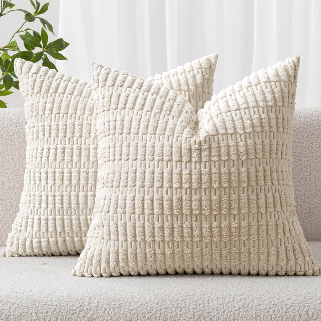 Corduroy Throw Pillow Covers 18x18 Pack of 2 — Cream White Boho