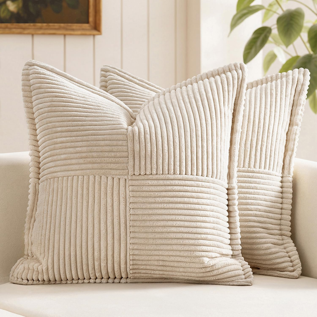 Decorative Pillow Covers 18x18 Set of 2 — Beige Patchwork Corduroy