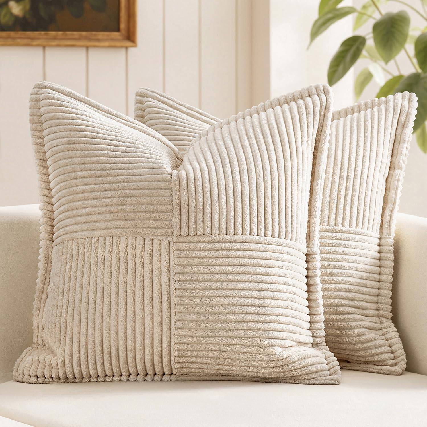 Decorative Pillow Covers 18x18 Set of 2 — Beige Patchwork Corduroy