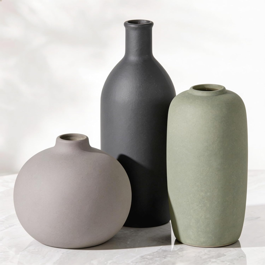 Ceramic Modern Vase Set of 3 — Neutral Pottery for Farmhouse Decor
