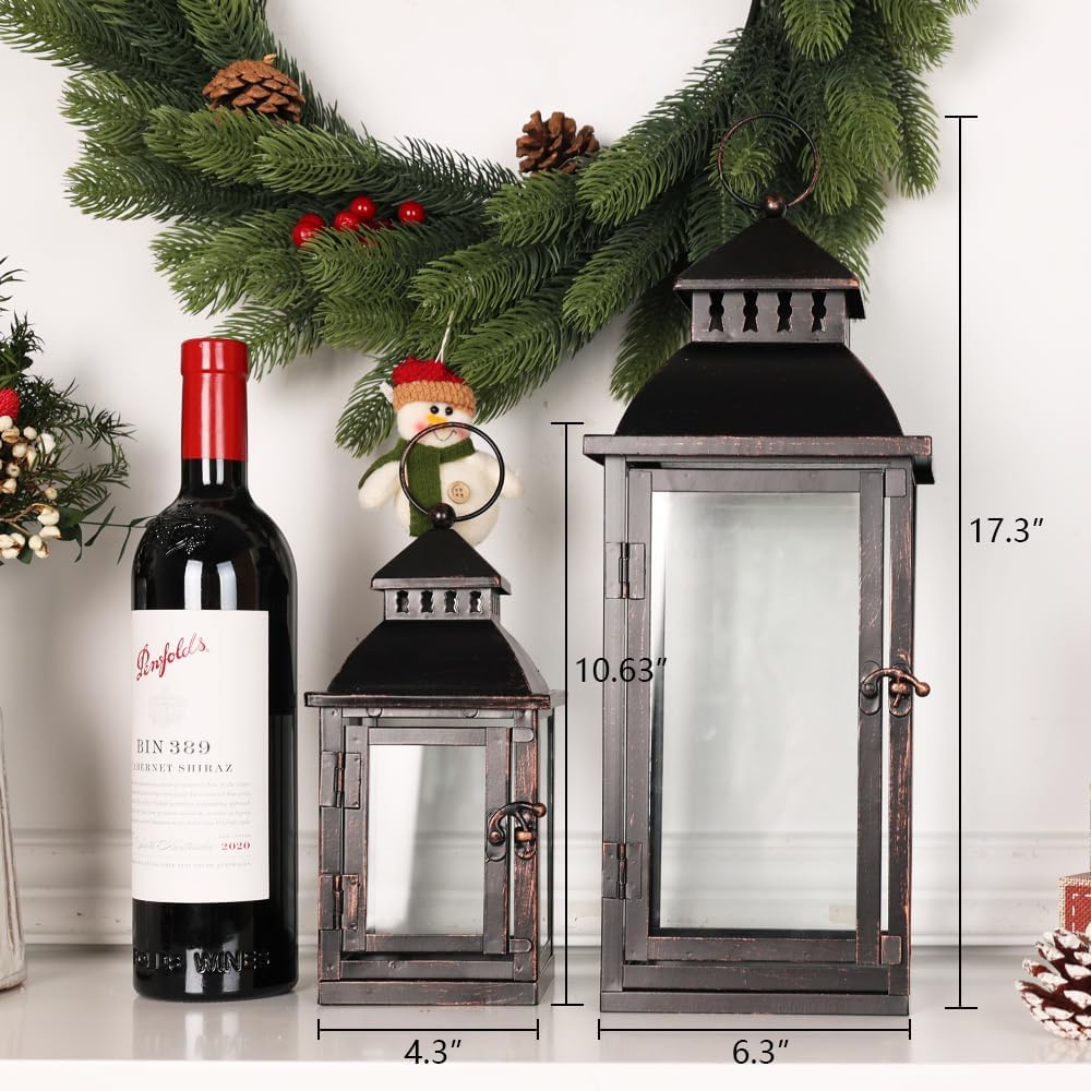 Decorative Lanterns Set of 2 — Bronze Metal with Glass Panels