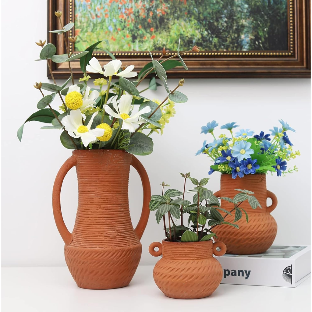 Terracotta Vases Set of 3 — Wide Mouth Rustic Ceramic Planters